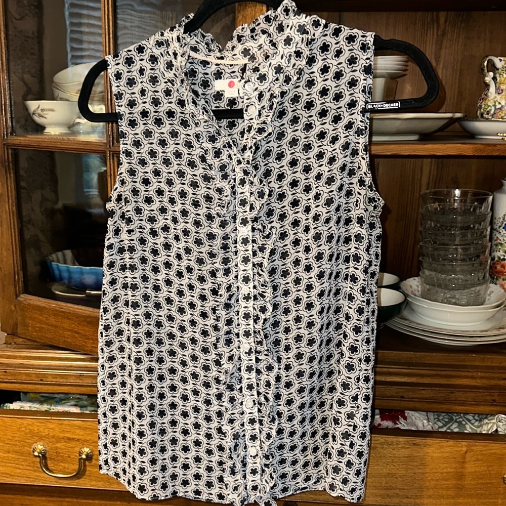 Boden Geometric Print Navy and White Sleeveless Button Down Blouse Size 4